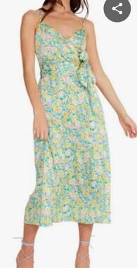 Lush Floral Midi Wrap Dress in Turquoise Lemon M NWT